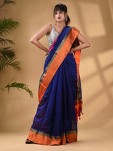 Load image into Gallery viewer, Blue Cotton Blend Handwoven Saree With Stripes Pallu