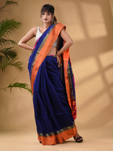 Load image into Gallery viewer, Blue Cotton Blend Handwoven Saree With Stripes Pallu