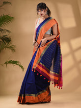Load image into Gallery viewer, Blue Cotton Blend Handwoven Saree With Stripes Pallu