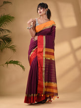Load image into Gallery viewer, Magenta Cotton Blend Handwoven Saree With Stripes Pallu