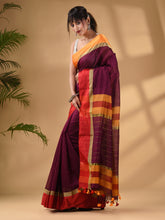 Load image into Gallery viewer, Magenta Cotton Blend Handwoven Saree With Stripes Pallu