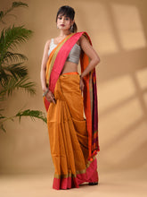Load image into Gallery viewer, Mustard Cotton Blend Handwoven Saree With Stripes Pallu