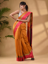 Load image into Gallery viewer, Mustard Cotton Blend Handwoven Saree With Stripes Pallu