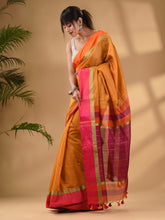 Load image into Gallery viewer, Mustard Cotton Blend Handwoven Saree With Stripes Pallu