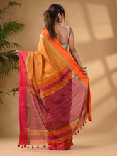 Load image into Gallery viewer, Mustard Cotton Blend Handwoven Saree With Stripes Pallu