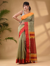 Load image into Gallery viewer, Ecru Cotton Blend Handwoven Saree With Stripes Pallu