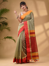 Load image into Gallery viewer, Ecru Cotton Blend Handwoven Saree With Stripes Pallu