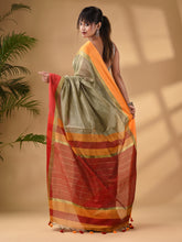 Load image into Gallery viewer, Ecru Cotton Blend Handwoven Saree With Stripes Pallu
