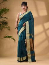 Load image into Gallery viewer, Teal Cotton Handwoven Soft Saree With Zari Border
