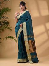 Load image into Gallery viewer, Teal Cotton Handwoven Soft Saree With Zari Border