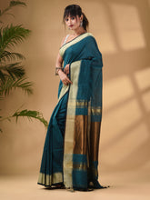 Load image into Gallery viewer, Teal Cotton Handwoven Soft Saree With Zari Border