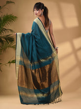Load image into Gallery viewer, Teal Cotton Handwoven Soft Saree With Zari Border