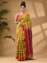 Load image into Gallery viewer, Lime Green Cotton Handwoven Soft Saree With Temple Border