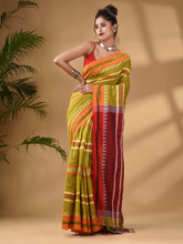 Load image into Gallery viewer, Lime Green Cotton Handwoven Soft Saree With Temple Border