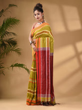 Load image into Gallery viewer, Lime Green Cotton Handwoven Soft Saree With Temple Border