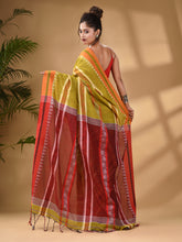 Load image into Gallery viewer, Lime Green Cotton Handwoven Soft Saree With Temple Border