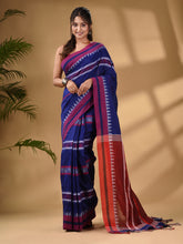 Load image into Gallery viewer, Blue Cotton Handwoven Soft Saree With Temple Border