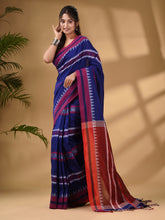Load image into Gallery viewer, Blue Cotton Handwoven Soft Saree With Temple Border