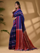 Load image into Gallery viewer, Blue Cotton Handwoven Soft Saree With Temple Border