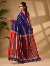 Load image into Gallery viewer, Blue Cotton Handwoven Soft Saree With Temple Border