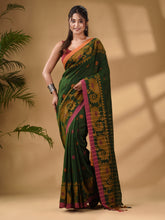 Load image into Gallery viewer, Dark Green Cotton Handwoven Saree With Paisley Border