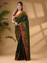 Load image into Gallery viewer, Dark Green Cotton Handwoven Saree With Paisley Border
