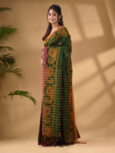 Load image into Gallery viewer, Dark Green Cotton Handwoven Saree With Paisley Border