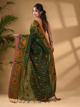 Load image into Gallery viewer, Dark Green Cotton Handwoven Saree With Paisley Border