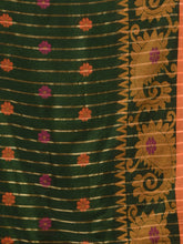 Load image into Gallery viewer, Dark Green Cotton Handwoven Saree With Paisley Border