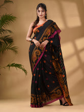 Load image into Gallery viewer, Black Cotton Handwoven Saree With Paisley Border