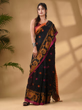 Load image into Gallery viewer, Black Cotton Handwoven Saree With Paisley Border
