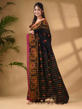 Load image into Gallery viewer, Black Cotton Handwoven Saree With Paisley Border