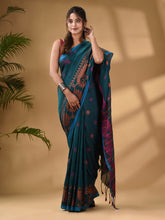 Load image into Gallery viewer, Teal Cotton Handwoven Saree With Paisley Border