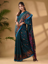 Load image into Gallery viewer, Teal Cotton Handwoven Saree With Paisley Border