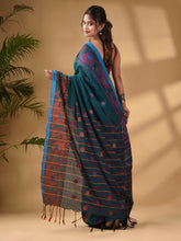 Load image into Gallery viewer, Teal Cotton Handwoven Saree With Paisley Border