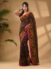 Load image into Gallery viewer, Brown Cotton Handwoven Saree With Paisley Border