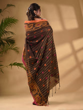 Load image into Gallery viewer, Brown Cotton Handwoven Saree With Paisley Border