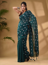 Load image into Gallery viewer, Teal Cotton Handwoven Soft Saree With Floral Motifs