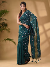 Load image into Gallery viewer, Teal Cotton Handwoven Soft Saree With Floral Motifs