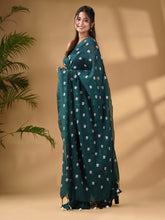 Load image into Gallery viewer, Teal Cotton Handwoven Soft Saree With Floral Motifs