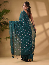 Load image into Gallery viewer, Teal Cotton Handwoven Soft Saree With Floral Motifs