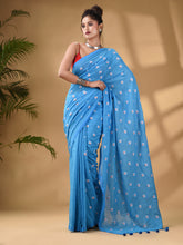 Load image into Gallery viewer, Sky Blue Cotton Handwoven Soft Saree With Floral Motifs