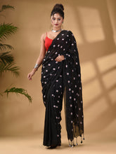 Load image into Gallery viewer, Black Cotton Handwoven Soft Saree With Floral Motifs