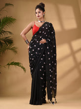 Load image into Gallery viewer, Black Cotton Handwoven Soft Saree With Floral Motifs