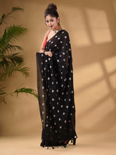 Load image into Gallery viewer, Black Cotton Handwoven Soft Saree With Floral Motifs