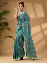Load image into Gallery viewer, Sea Green Cotton Handwoven Soft Saree With Floral Motifs