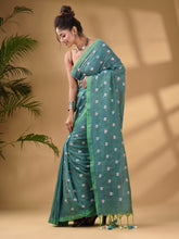 Load image into Gallery viewer, Sea Green Cotton Handwoven Soft Saree With Floral Motifs