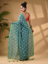 Load image into Gallery viewer, Sea Green Cotton Handwoven Soft Saree With Floral Motifs