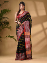 Load image into Gallery viewer, Black Cotton Handwoven Saree With Texture Border