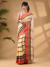 Load image into Gallery viewer, Light Yellow Cotton Handwoven Saree With Texture Border